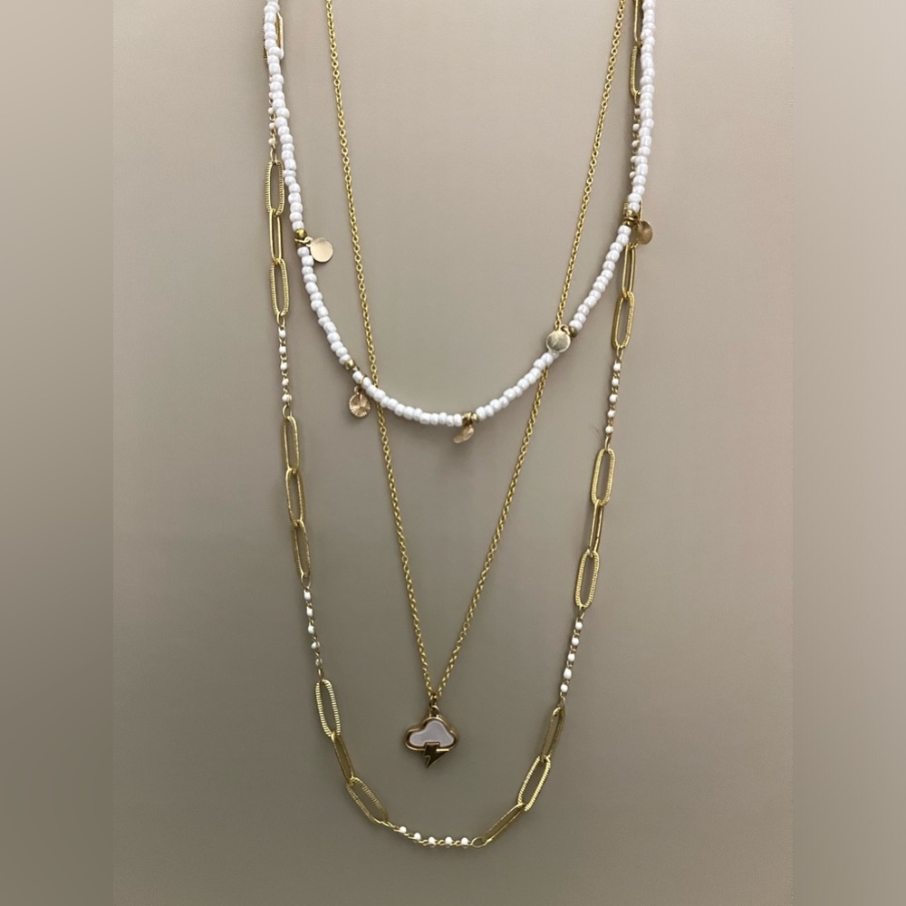 White & Gold Multi-chains Necklace Set - Layered Boho Necklace - Trendy Necklace
